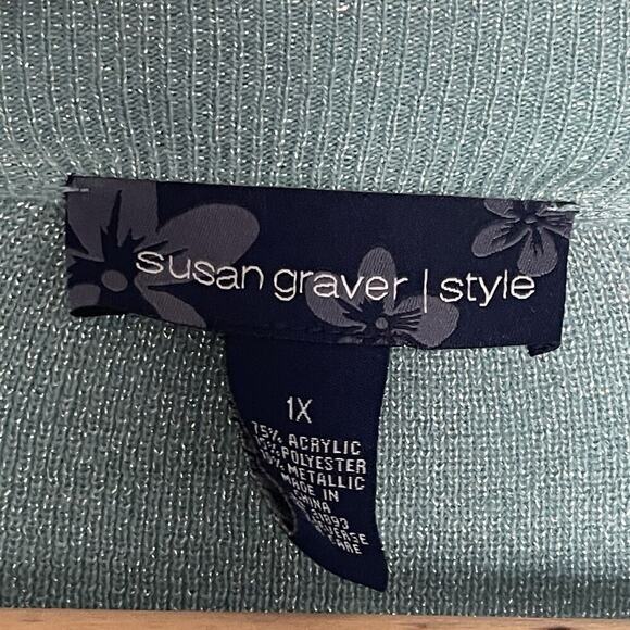 Susan Graver Style Metallic Top Size 1X Blue Long Sleeve Holiday Mature - Picture 3 of 4